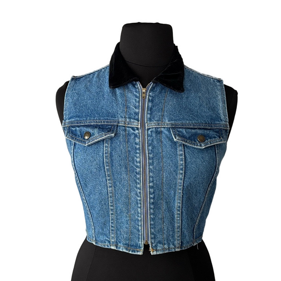 Vintage Jackets & Blazers - Paris Blues Original 80s Vintage Denim Fitted Zip Vest Black Velvet Collar